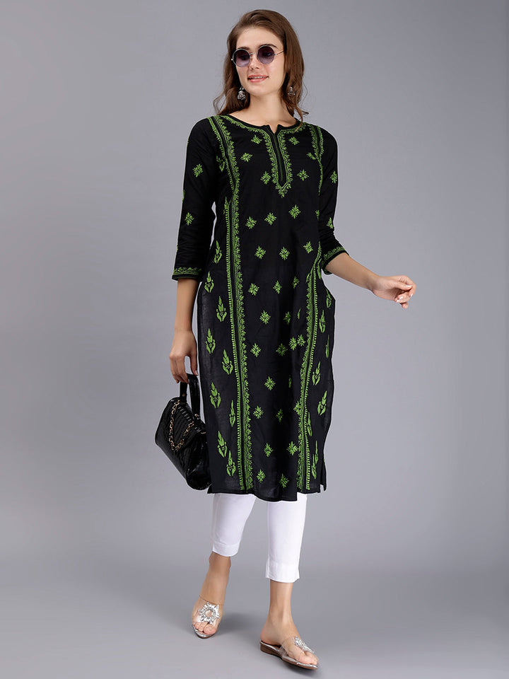 Black in Green Thread Lucknowi Chikankari Embroidered Kurti