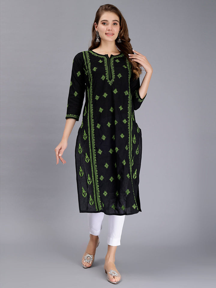 Black in Green Thread Lucknowi Chikankari Embroidered Kurti