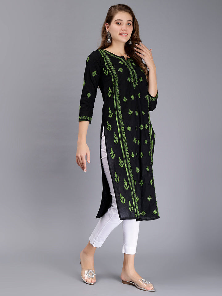 Black in Green Thread Lucknowi Chikankari Embroidered Kurti