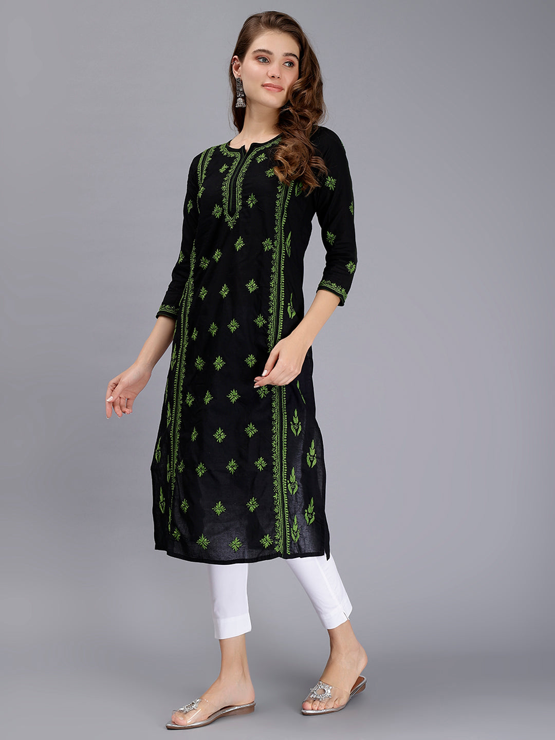 Black in Green Thread Lucknowi Chikankari Embroidered Kurti