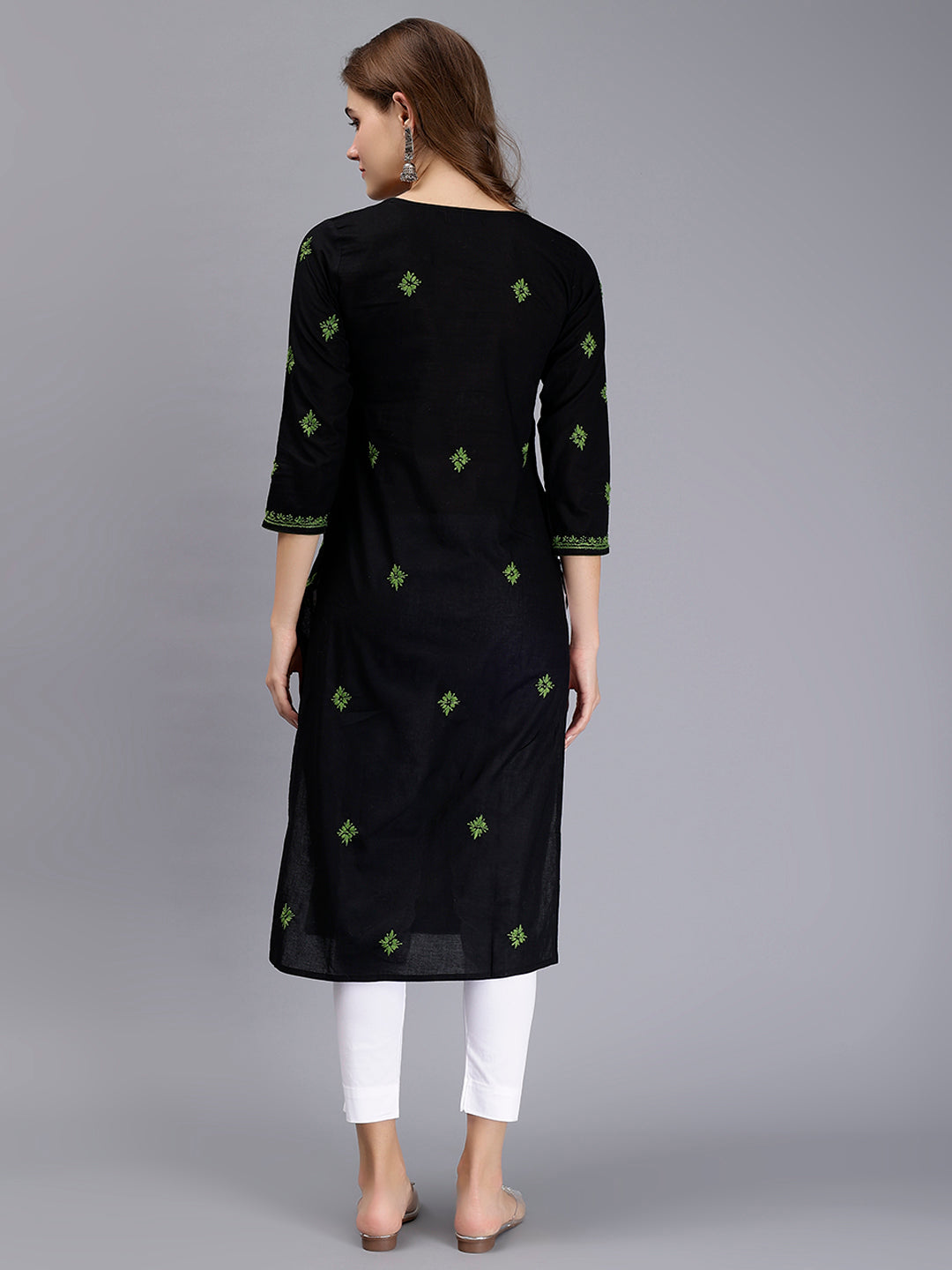 Black in Green Thread Lucknowi Chikankari Embroidered Kurti