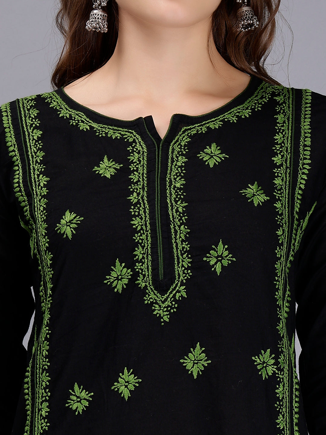 Black in Green Thread Lucknowi Chikankari Embroidered Kurti