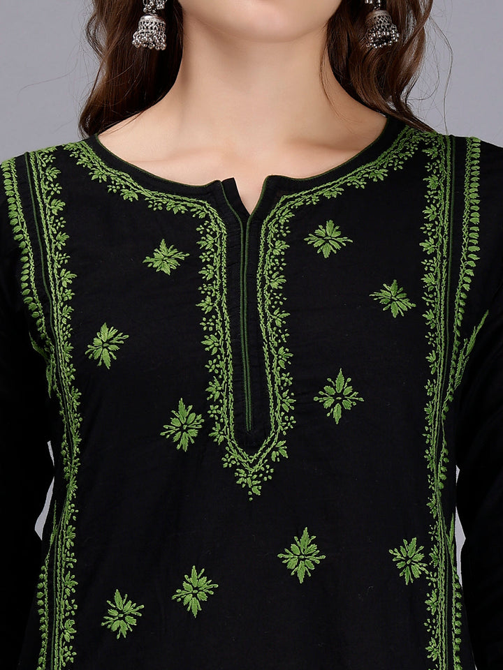 Black in Green Thread Lucknowi Chikankari Embroidered Kurti