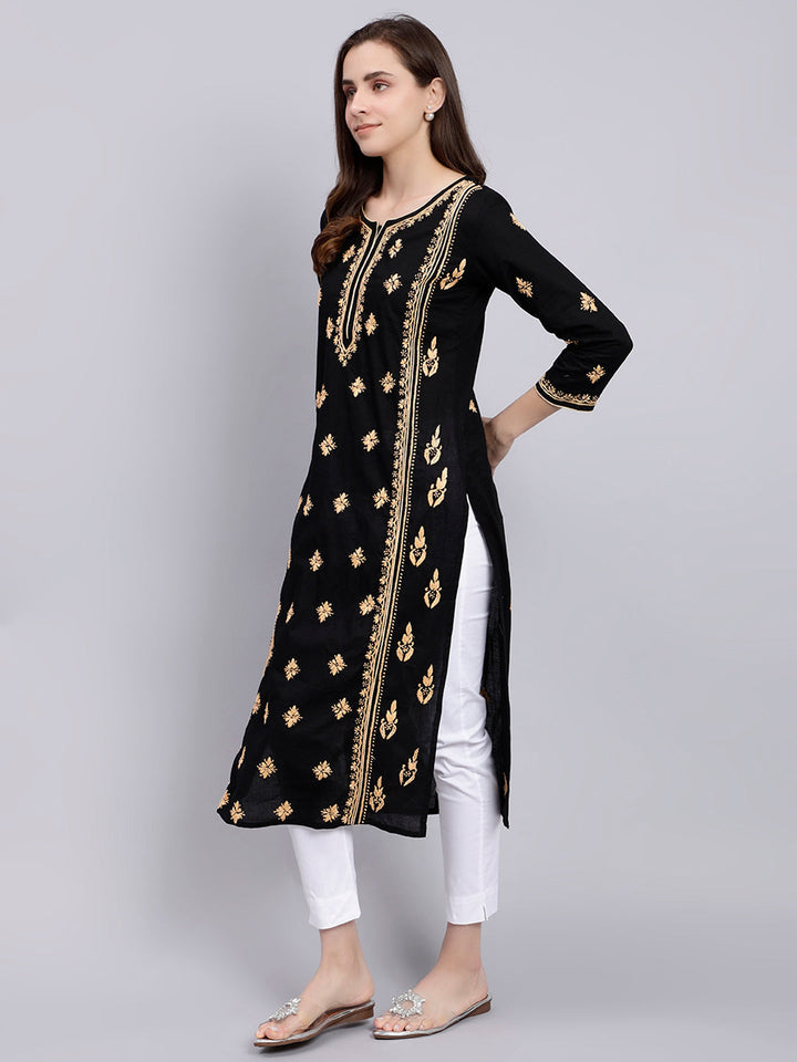 Black in Orange Thread Lucknowi Chikankari Embroidered Kurti