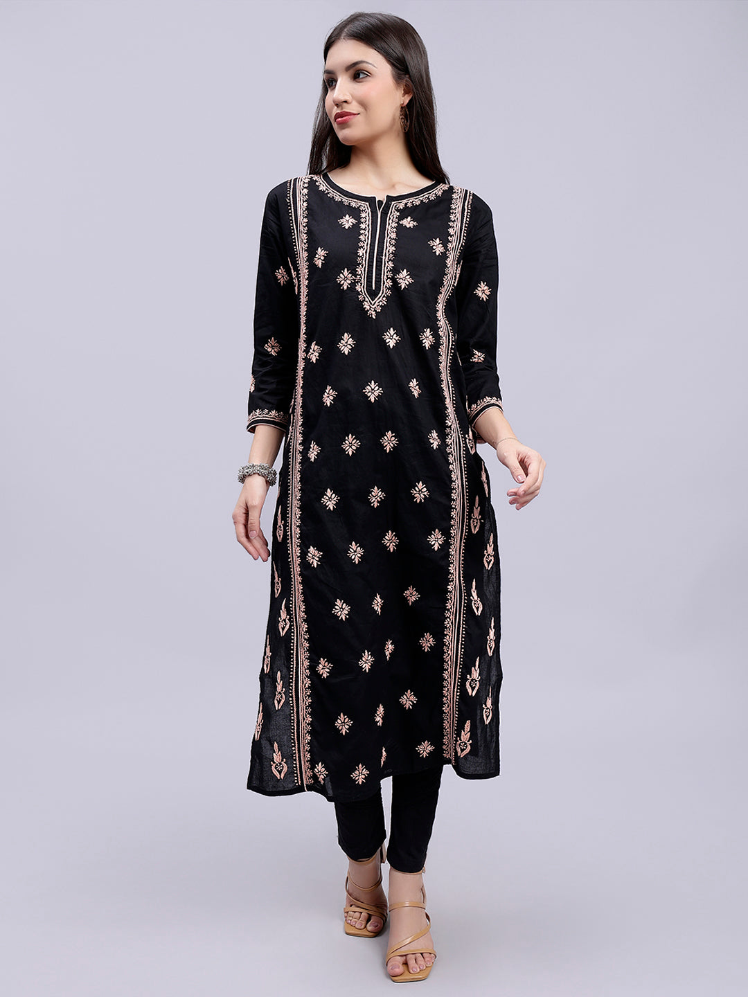 Black in Pink Thread Lucknowi Chikankari Embroidered Kurti