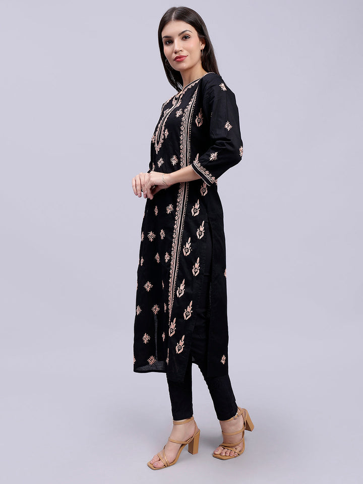 Black in Pink Thread Lucknowi Chikankari Embroidered Kurti