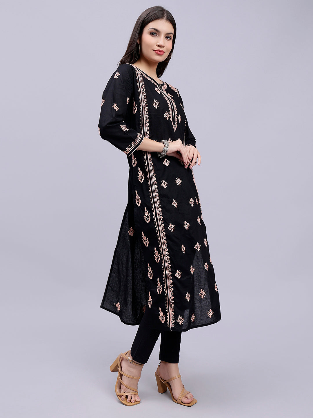 Black in Pink Thread Lucknowi Chikankari Embroidered Kurti