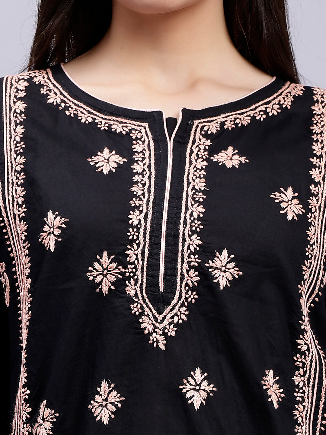 Black in Pink Thread Lucknowi Chikankari Embroidered Kurti