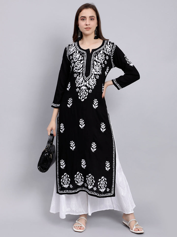 Black in White Thread Chikankari Rayon Kurti