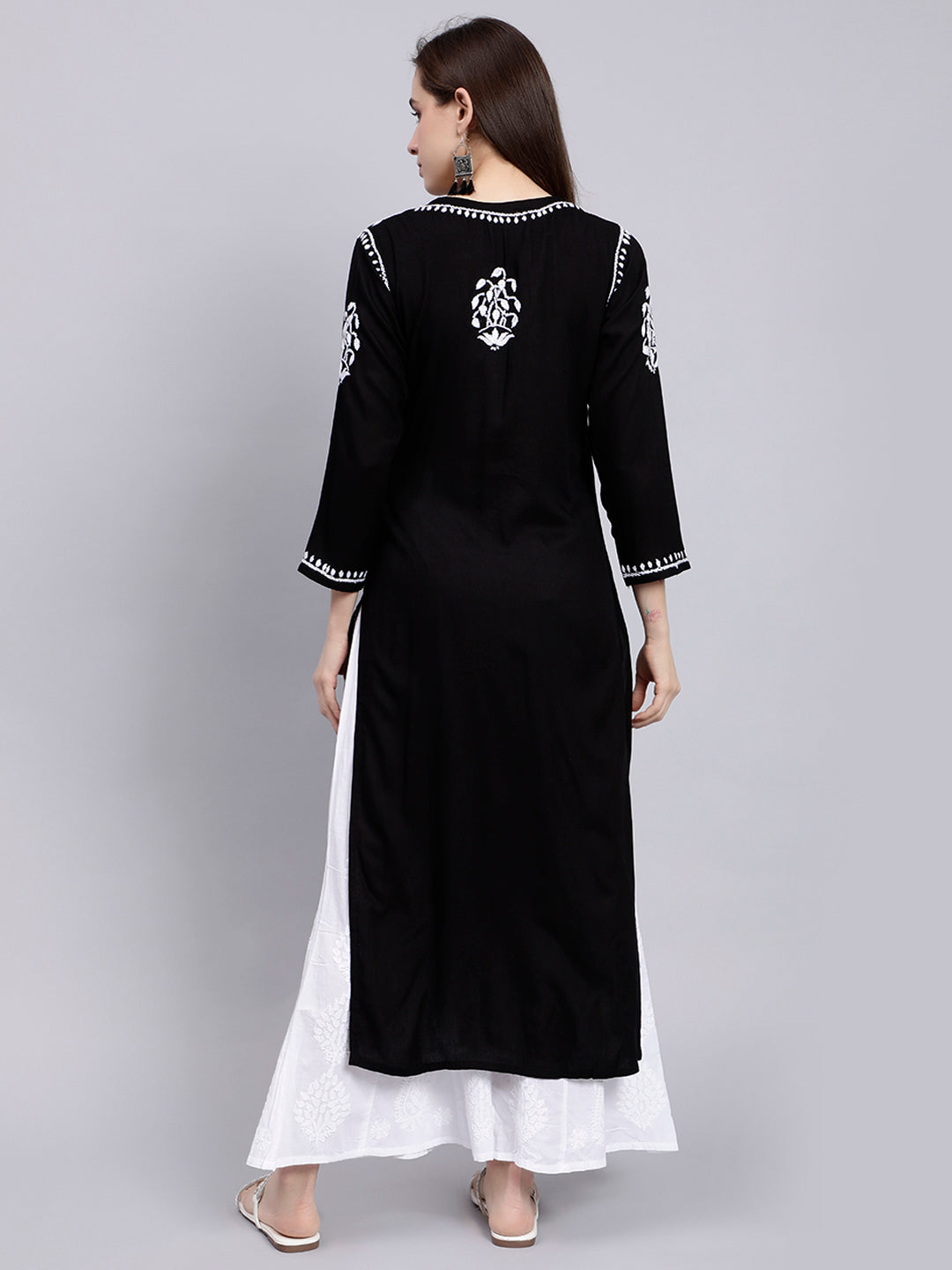 Black in White Thread Chikankari Rayon Kurti