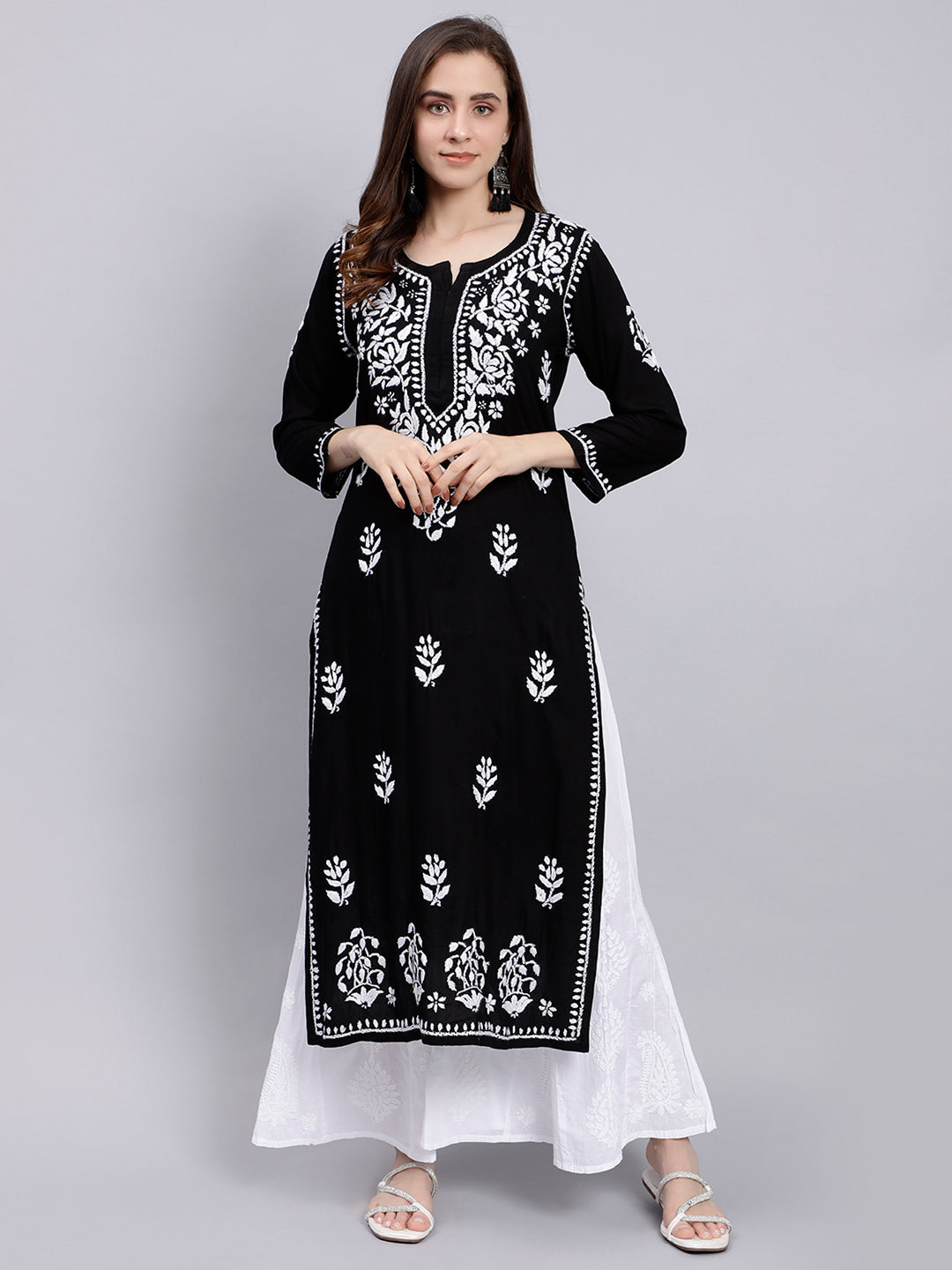 Black in White Thread Chikankari Rayon Kurti