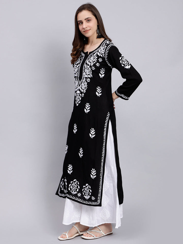 Black in White Thread Chikankari Rayon Kurti