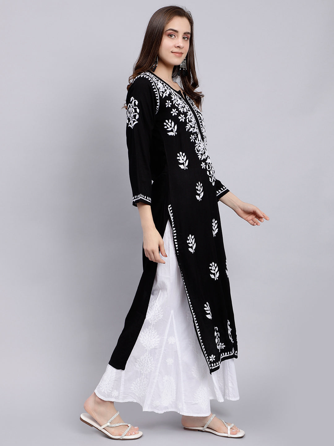 Black in White Thread Chikankari Rayon Kurti