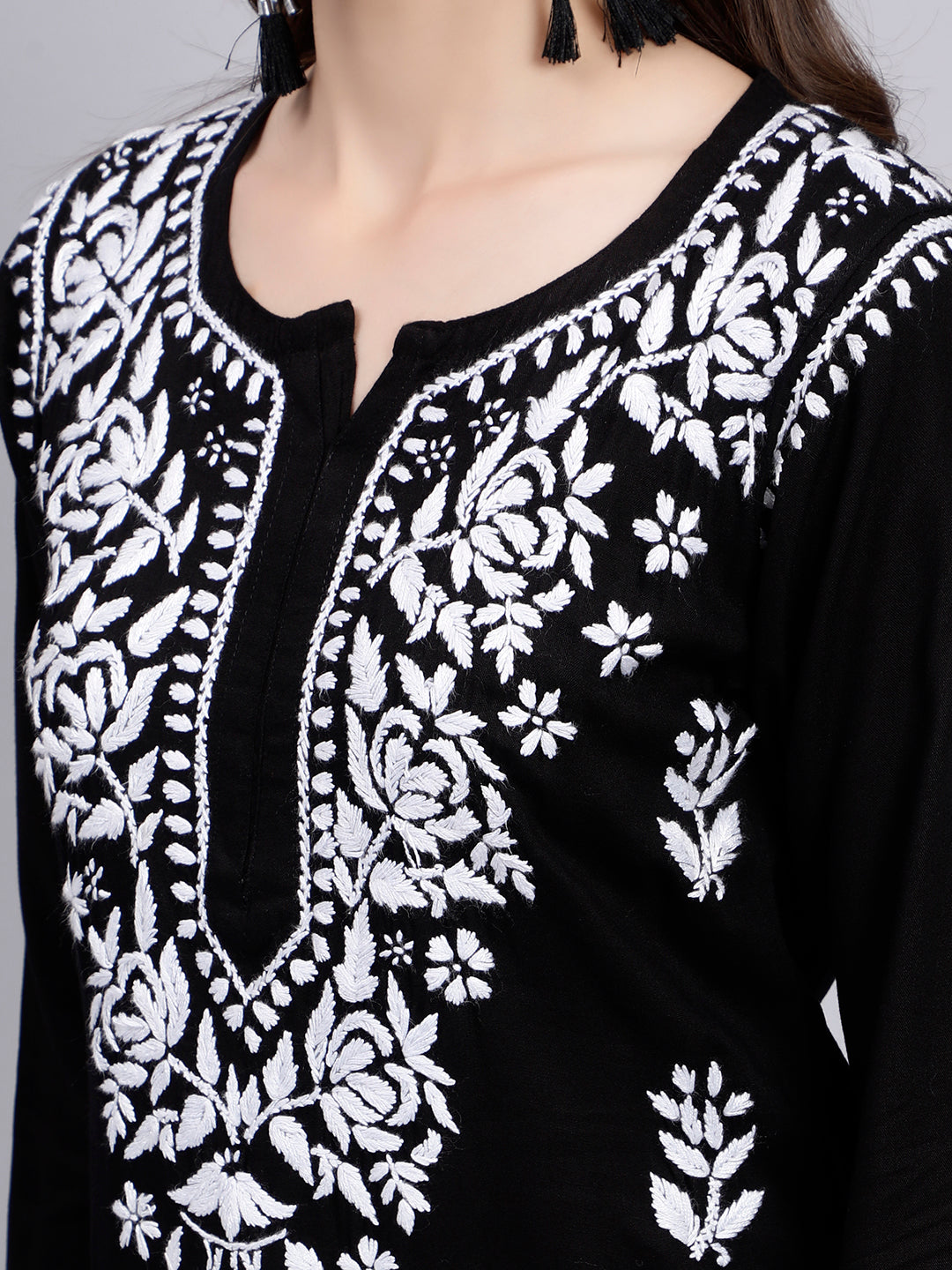 Black in White Thread Chikankari Rayon Kurti