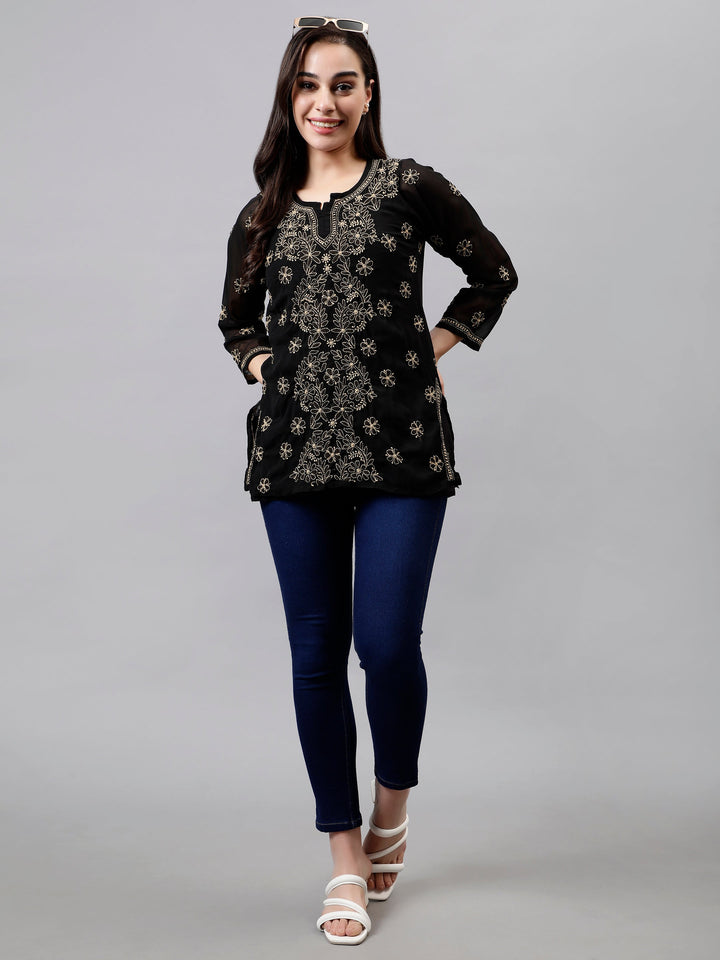 Black Georgette Lucknowi Chikankari Short Tunic with Slip