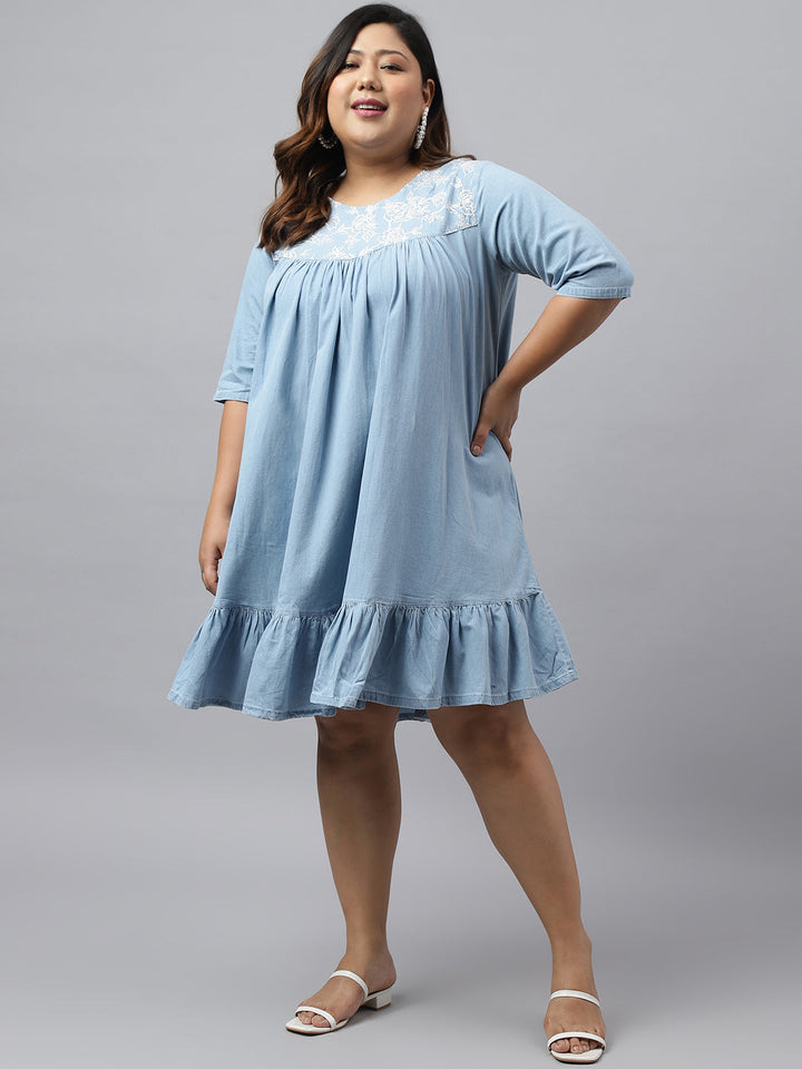Bleached Blue Denim Knee-Length Solid Midi Dress