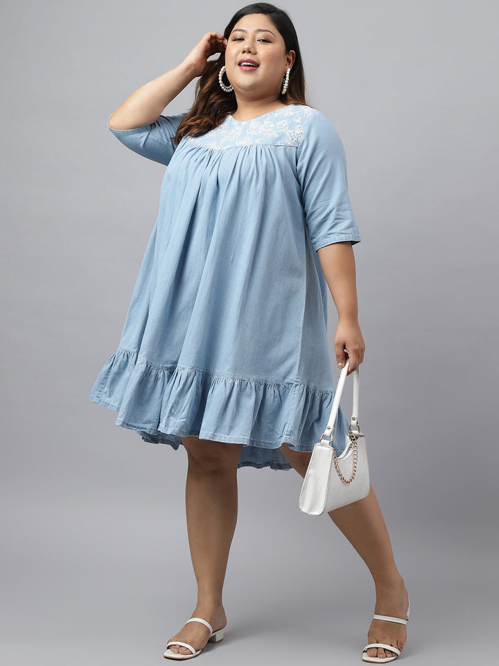 Bleached Blue Denim Knee-Length Solid Midi Dress