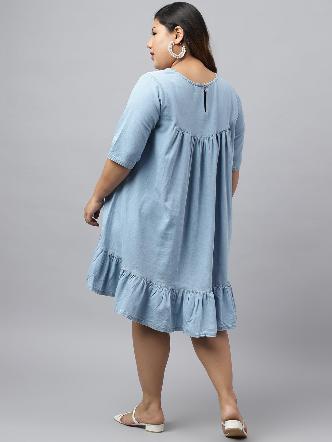 Bleached Blue Denim Knee-Length Solid Midi Dress