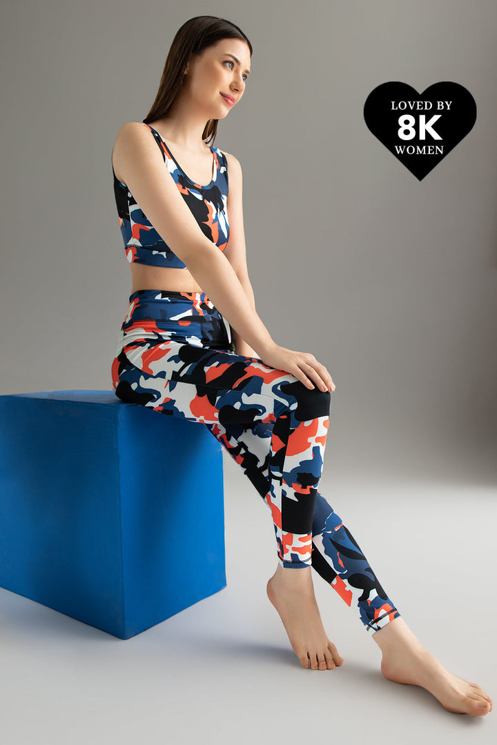 Blue Ankle-Length High-Rise Active Camouflage Print Tights