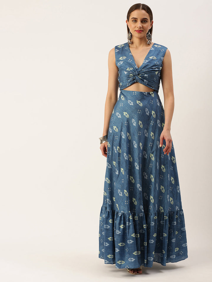 Blue Art Silk Digital Printed Long Gown