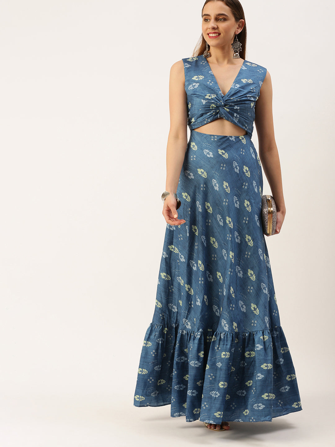 Blue Art Silk Digital Printed Long Gown