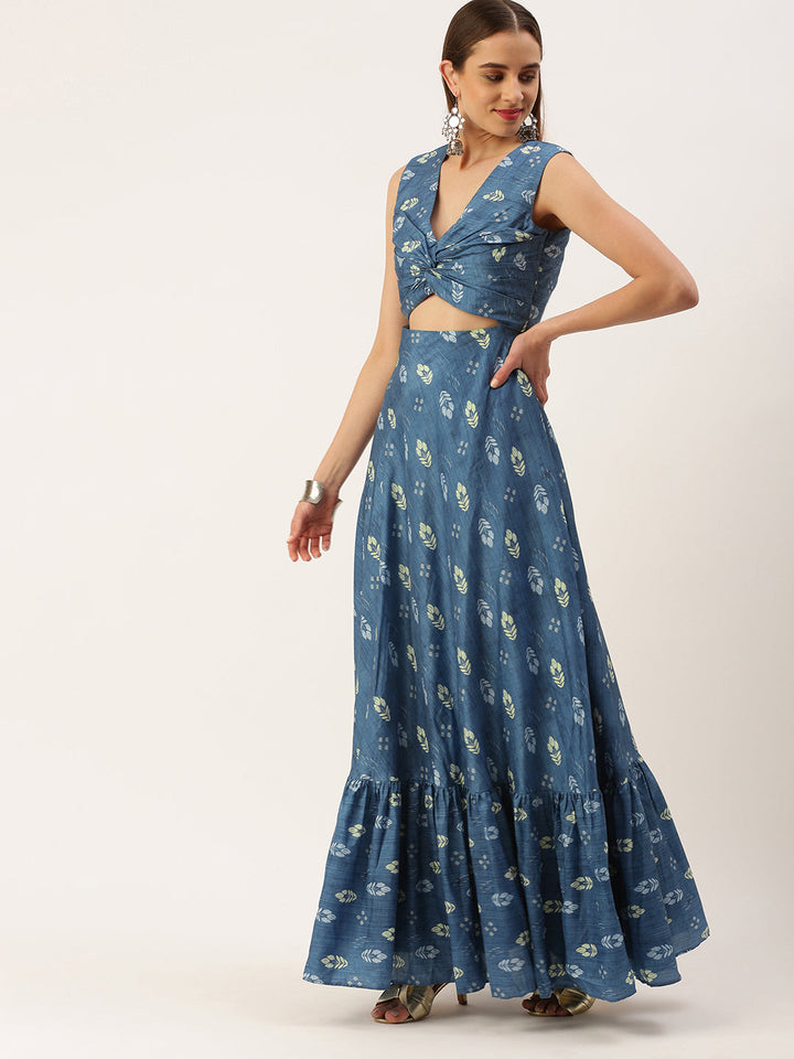 Blue Art Silk Digital Printed Long Gown