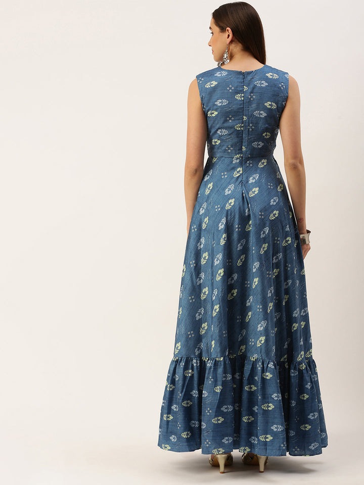 Blue Art Silk Digital Printed Long Gown