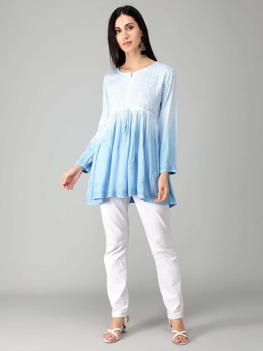 Blue-Chikankari-Short-Flare-Tunic-Top