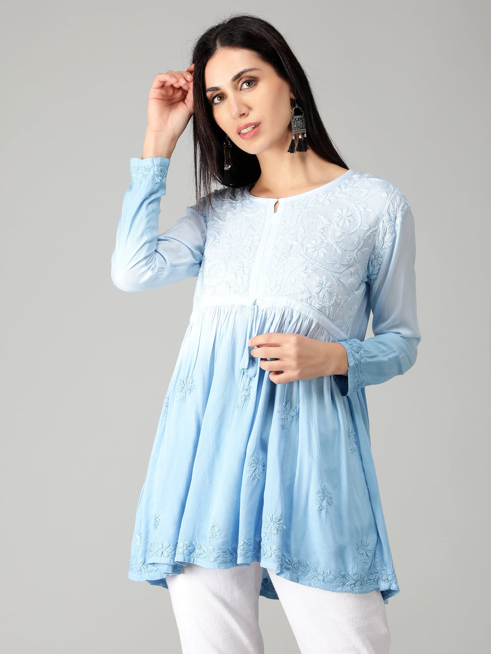 Blue-Chikankari-Short-Flare-Tunic-Top