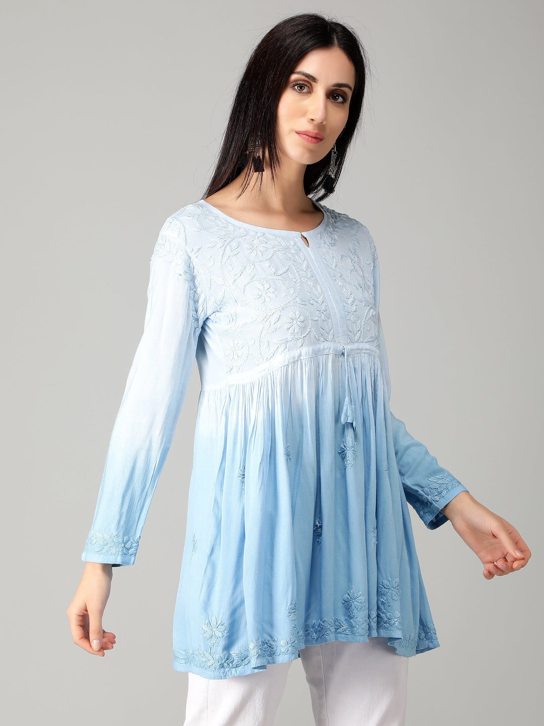 Blue-Chikankari-Short-Flare-Tunic-Top