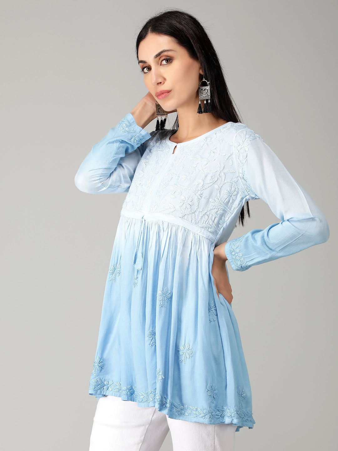 Blue-Chikankari-Short-Flare-Tunic-Top