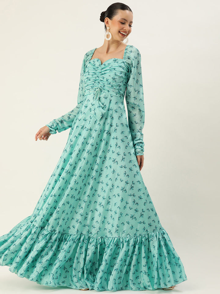 Blue Chinon Digital Printed Floor Length Gown