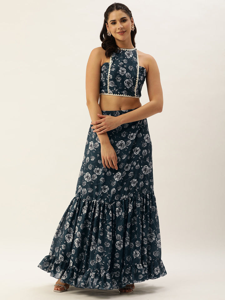 Blue Chinon Digital Printed Top & Skirt Co-Ord Set