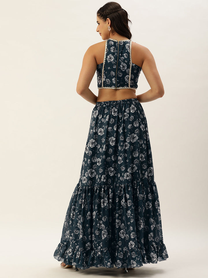 Blue Chinon Digital Printed Top & Skirt Co-Ord Set