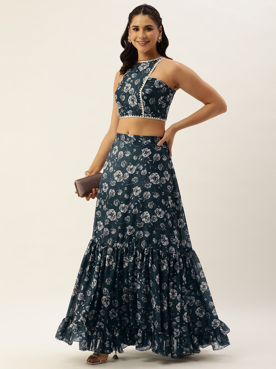 Blue Chinon Digital Printed Top & Skirt Co-Ord Set