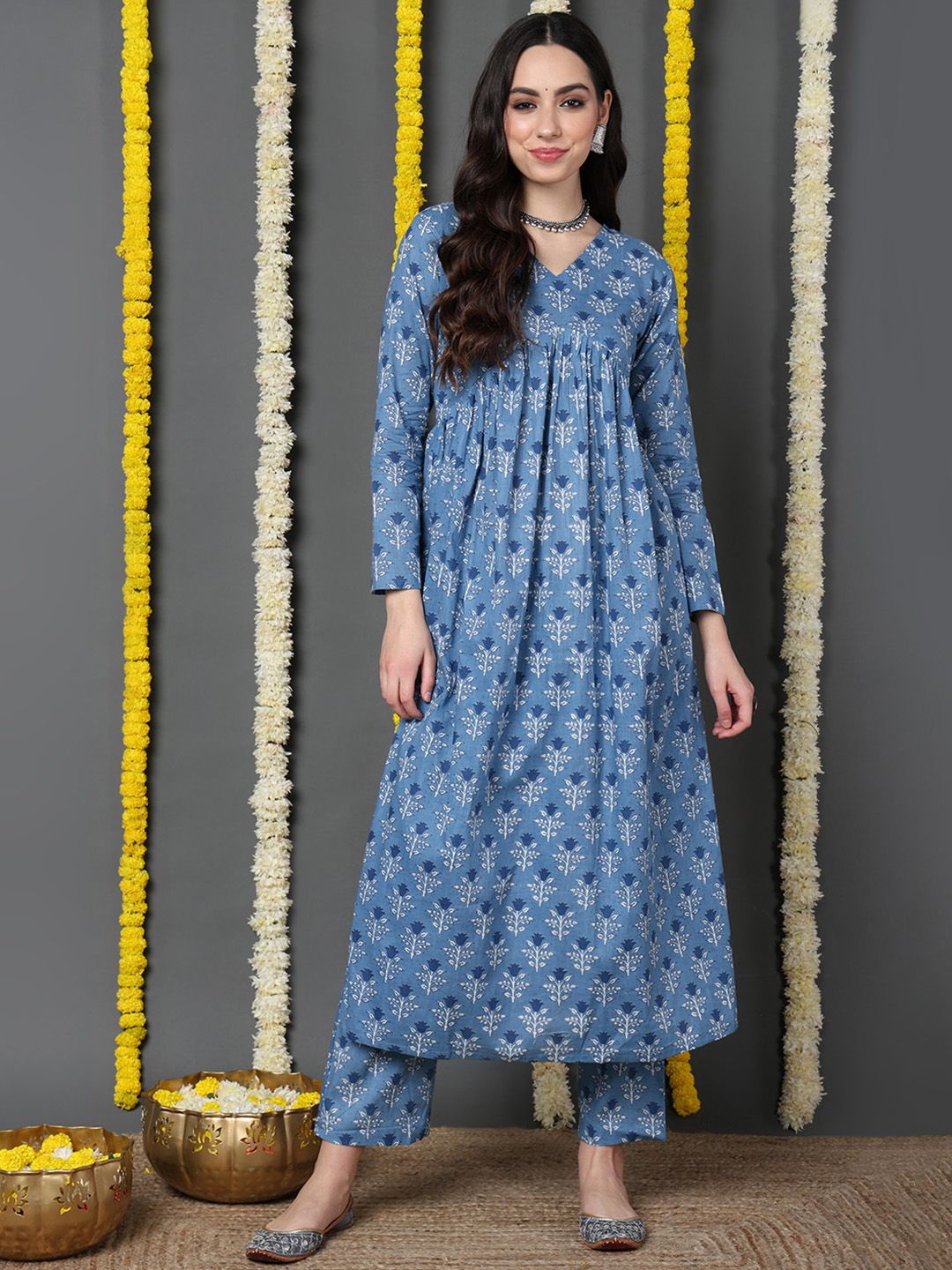 ZERESOUQ-Blue-Cotton-Ethnic-Motifs-Printed-A-Line-Kurta
