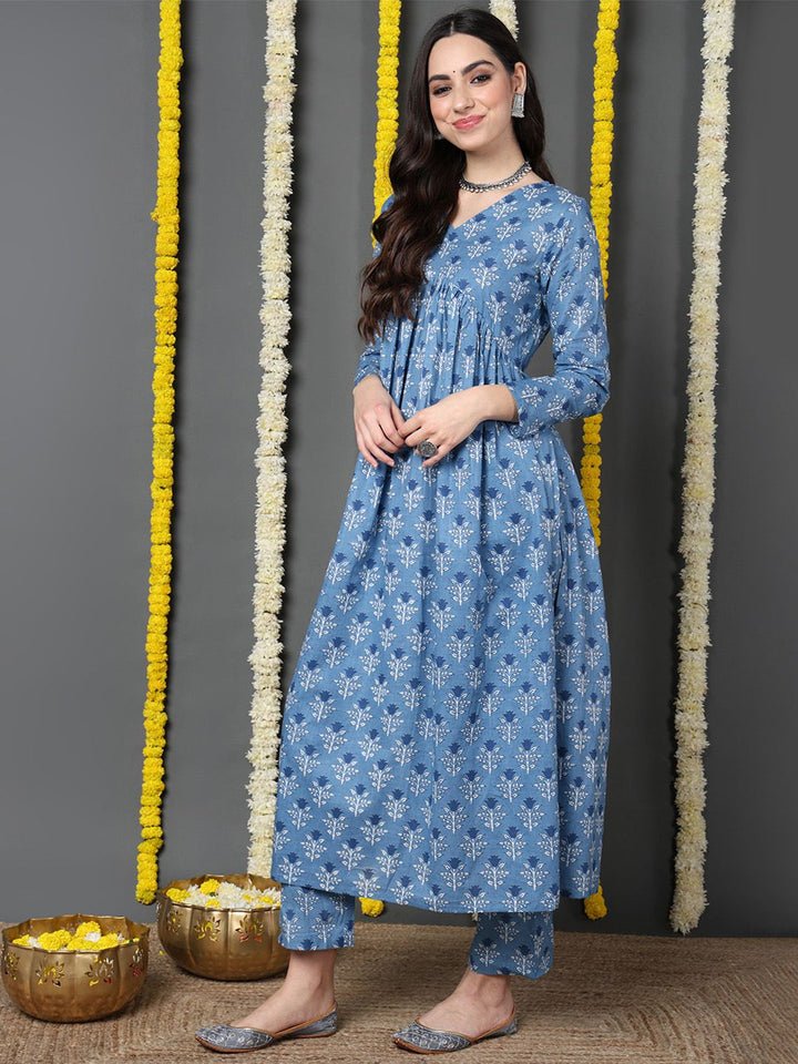 ZERESOUQ-Blue-Cotton-Ethnic-Motifs-Printed-A-Line-Kurta