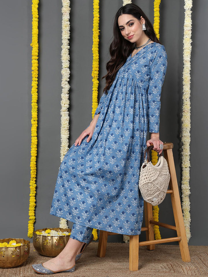 ZERESOUQ-Blue-Cotton-Ethnic-Motifs-Printed-A-Line-Kurta