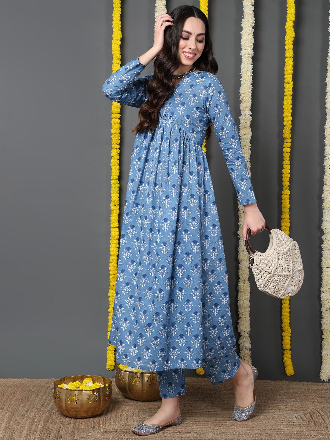 ZERESOUQ-Blue-Cotton-Ethnic-Motifs-Printed-A-Line-Kurta