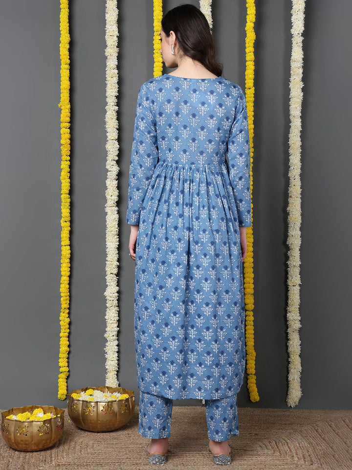ZERESOUQ-Blue-Cotton-Ethnic-Motifs-Printed-A-Line-Kurta