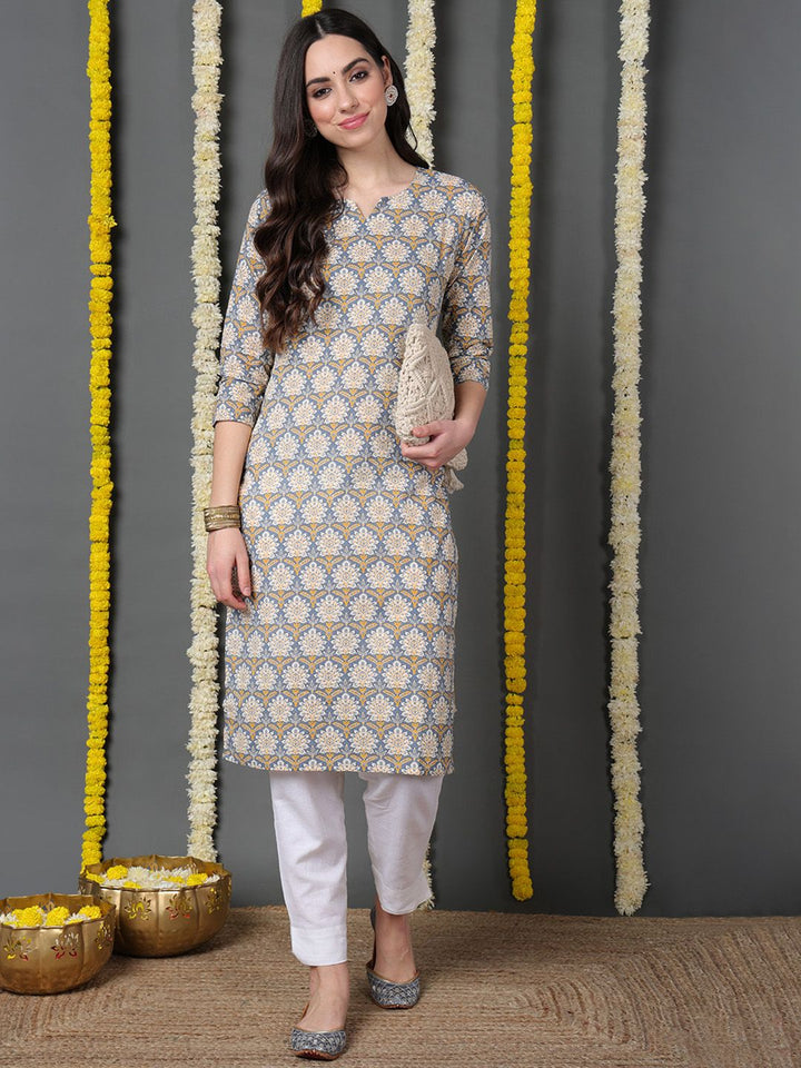 Blue Cotton Ethnic Motifs Printed Straight Kurta