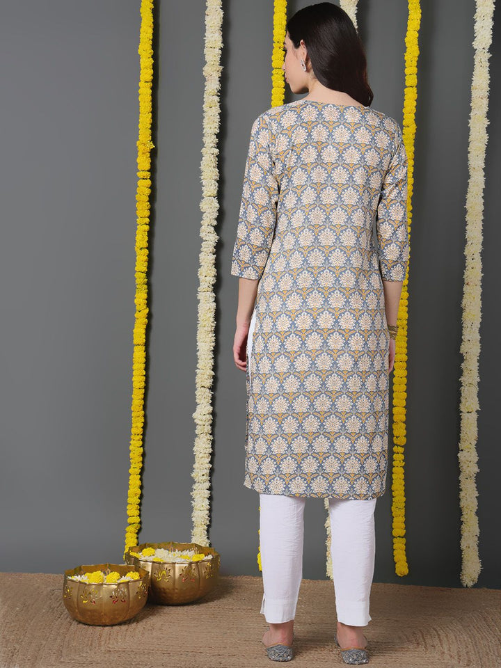 Blue Cotton Ethnic Motifs Printed Straight Kurta