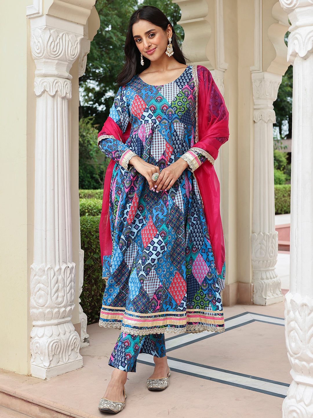 Blue Cotton Ethnic Printed 3-Piece Kurta Set