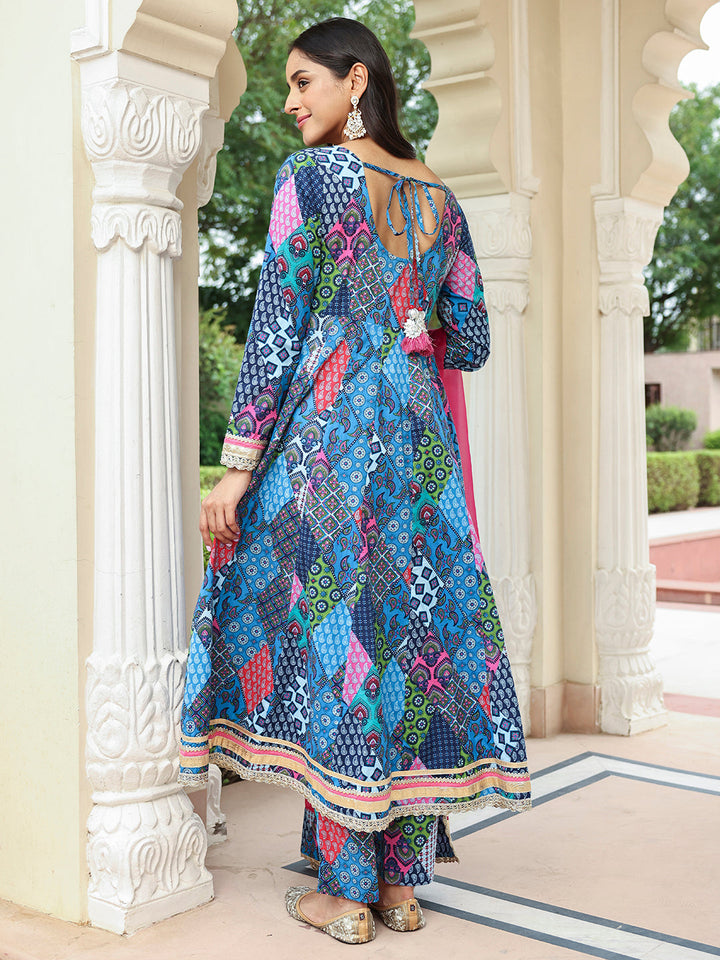 Blue Cotton Ethnic Printed 3-Piece Kurta Set