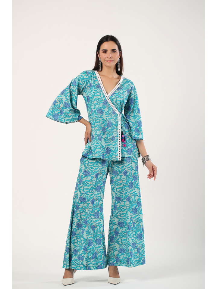 Blue Cotton Floral Print Angrakha Co-Ord Set