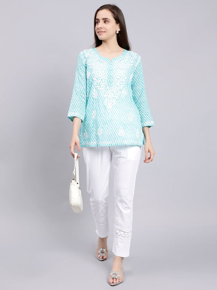 Blue Cotton Chikankari Embroidered Tunic Top