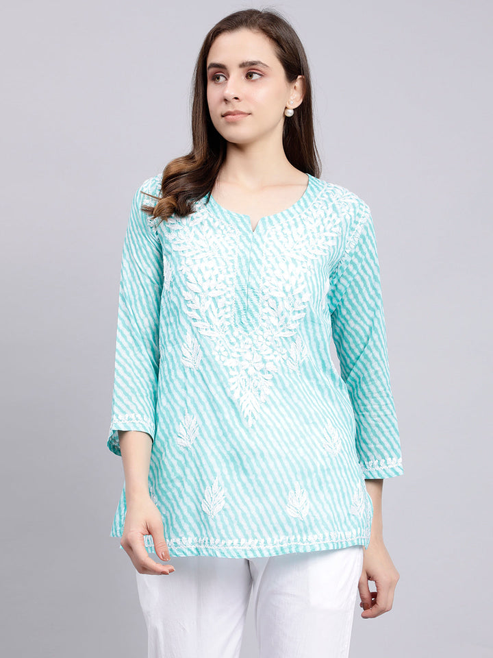 Blue Cotton Chikankari Embroidered Tunic Top