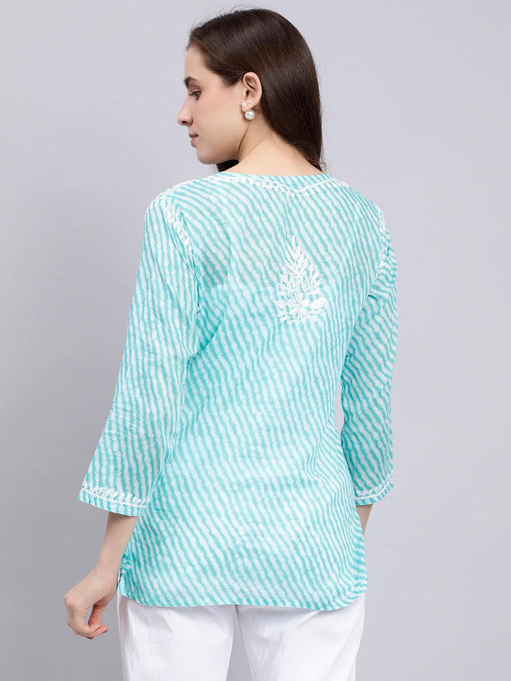 Blue Cotton Chikankari Embroidered Tunic Top