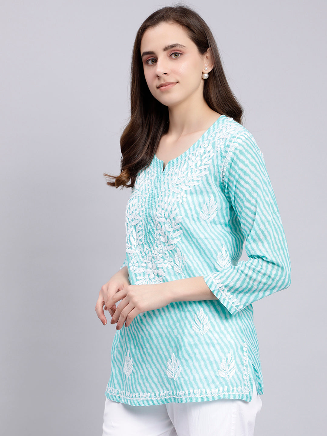 Blue Cotton Chikankari Embroidered Tunic Top