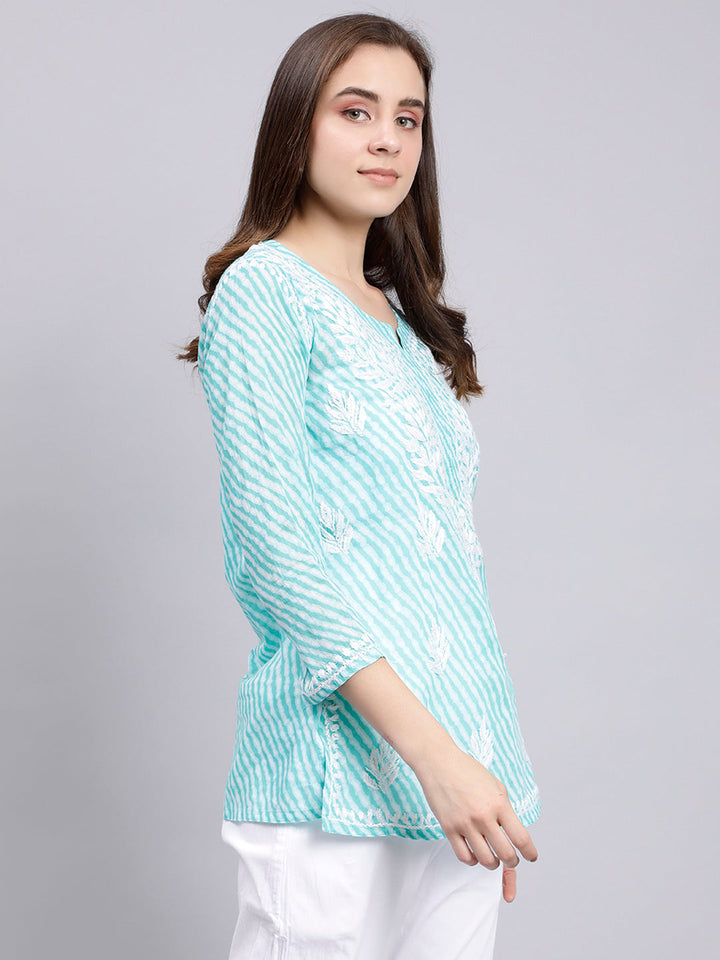 Blue Cotton Chikankari Embroidered Tunic Top